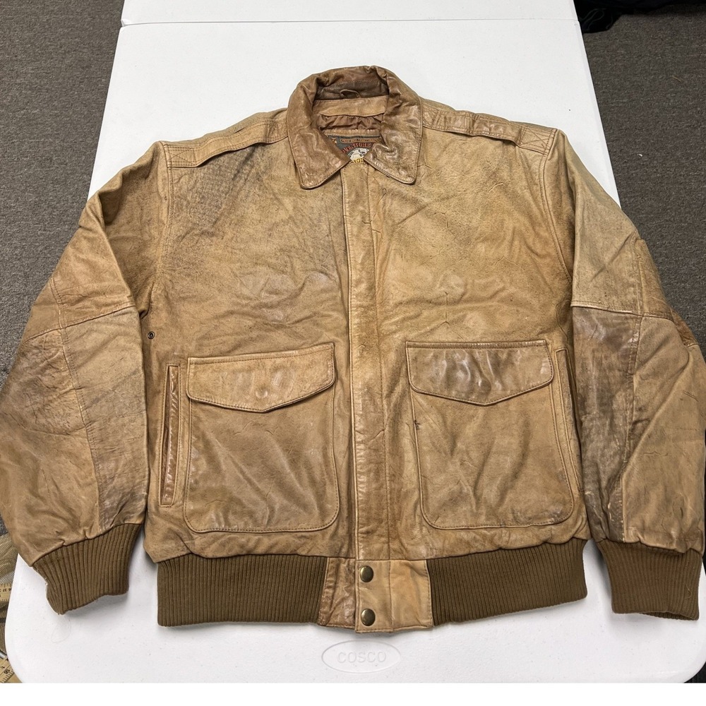 Adventure Bound Bomber Jacket Mens M Tan Distressed Leather Aviator Flight E2